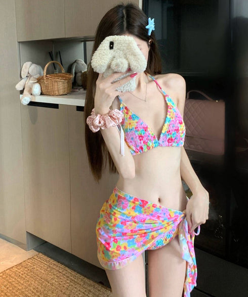 花柄 ビキニ 4点セット セパレート水着 カラフル レディース水着ビキニ 日焼け防止長袖 カバーアップ ノンワイヤー パレオ付き 水着上下セット おしゃれ 海水浴 98TIANYY-001